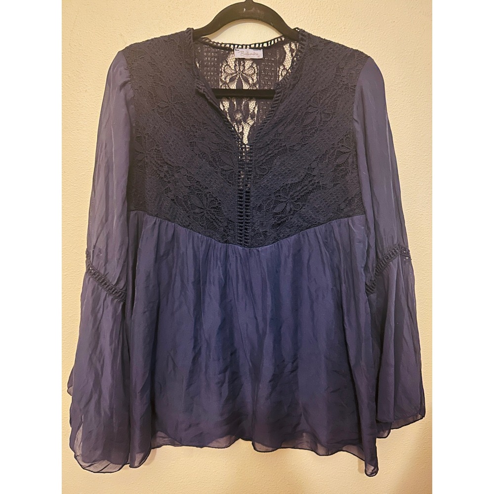 Bellambra Blouse Women Medium Navy Blue Excellent Silk Lace Boho Made in Italy - Picture 2 of 12